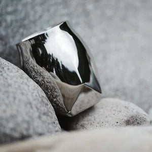 The Norlan Steel Whiskey Tumbler nestled against the side of a mountain.
